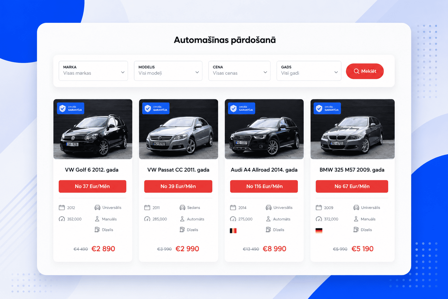 AutoRiga — lietotu auto tirdzniecības platforma ar līzingu un AI izvēles rīku 2